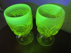 L G Wright/L E Smith Moon & Stars Yellow/Vaseline OPALESCENT GOBLET 6” Set 2