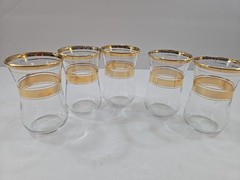 Set of 5 Pasabahce Turkish Tea Glasses Clear Gold Band & Rim