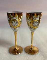 Set of 2 Bohemian Hand Painted Floral Wine Stem – Gold Gild & Enamel Flowers
