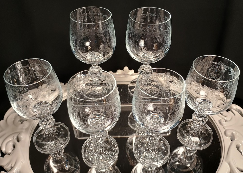 6 CASCADE Lacy Needle Etch 5.75″ Art Nouveau Style Wine Glasses Goblets Set