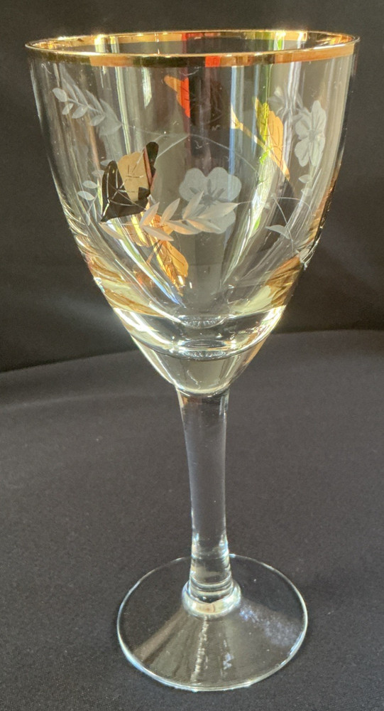 Vintage Gold Fall Leaf Wine Glass Mid-Century Toscany Romania Crystal Gold