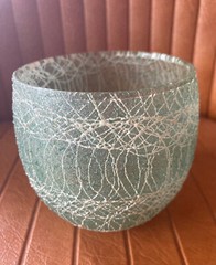 VINTAGE GREEN SPAGHETTI STRING ROLY POLY TUMBLER COLORCRAFT GLASS SHAT-R-PRUF !!