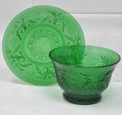 Anchor Hocking Forest Green Sandwich Custard Cup Bowl and Liner Plate