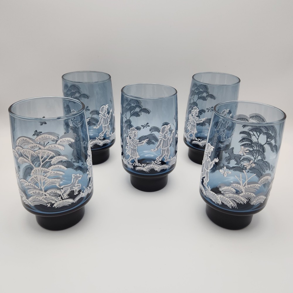 Vintage Libbey Dutch Blue Mary Gregory Tumblers Set of 5 Children Dog Butterfly