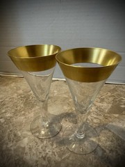 Pair Mid Century Dorothy Thorpe 22k Gold Band Wine Glasses 6″ MCM Mid Century