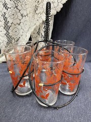 RARE MCM Mid Century Modern Art Deco 6 Tumbler Set with Wire Caddie