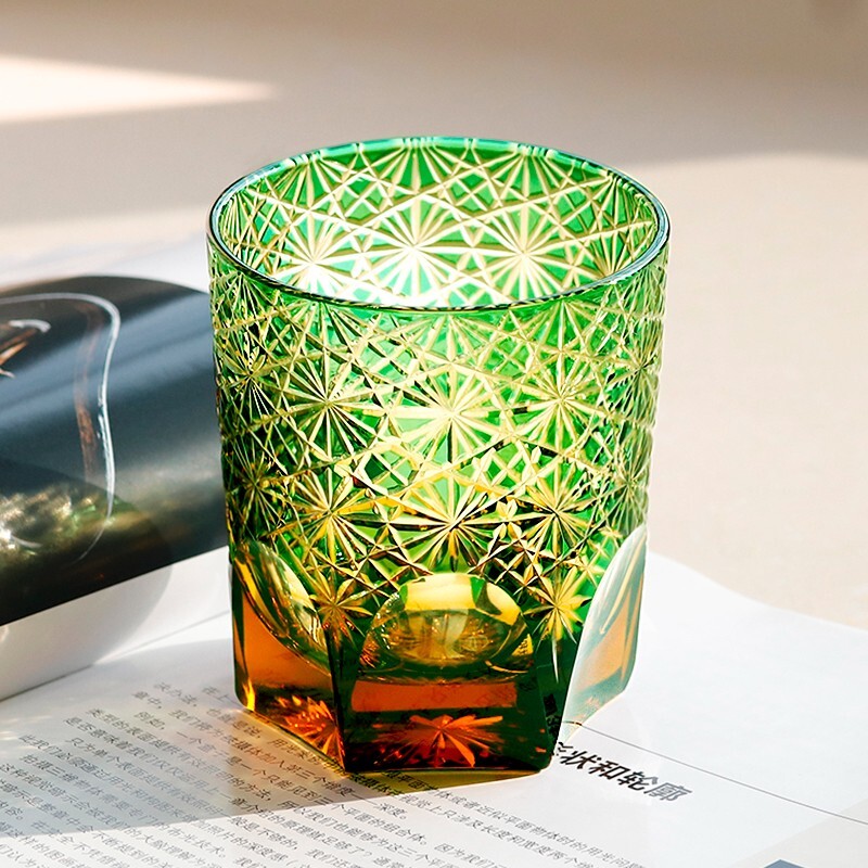 Whiskey Glasses Tumbler Hand Cut Crystal Colored Glass Edo Kiriko 9oz Green