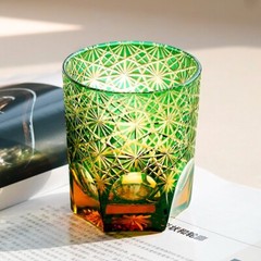 Whiskey Glasses Tumbler Hand Cut Crystal Colored Glass Edo Kiriko 9oz Green