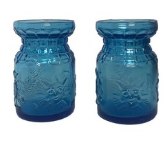 2 Vintage Wheaton Blue Juice Glasses 2 Oz. Sun Leaf Snowflake Sunflower