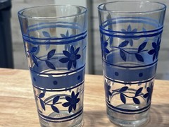 Vintage Kig Indonesia Royal Blue Floral Stripes Tumblers Coolers Drink Set of 2