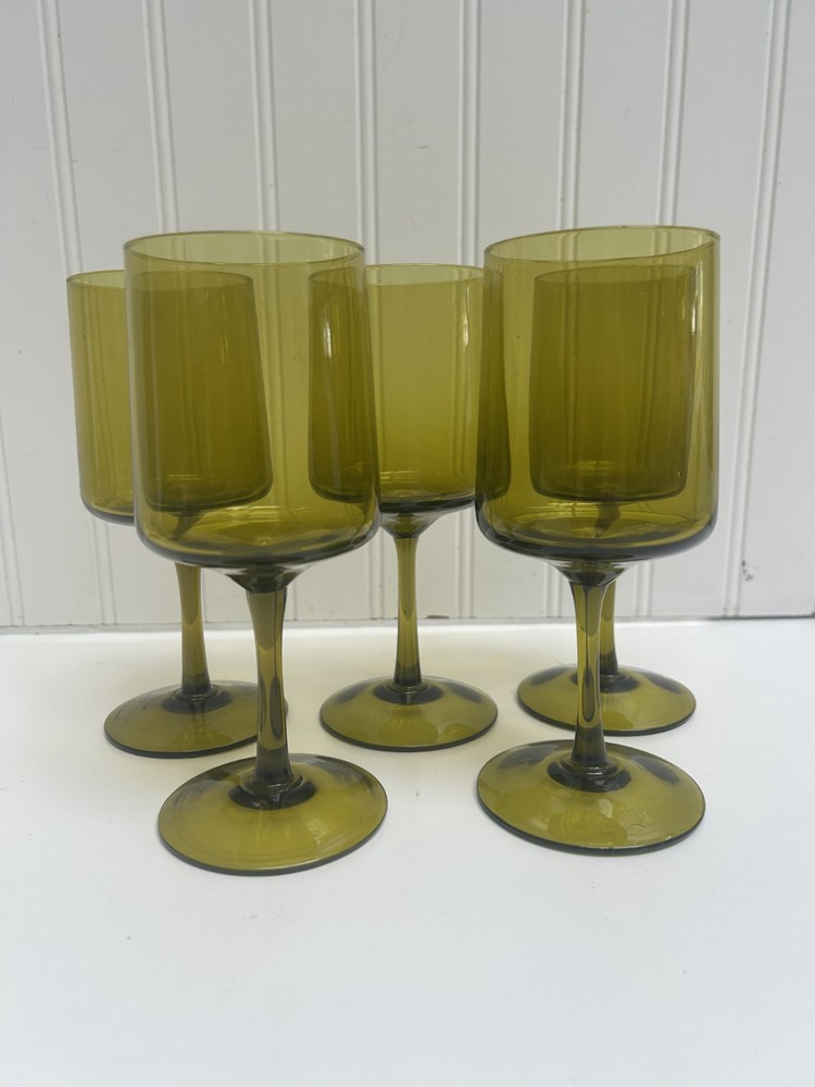 Vintage MCM Olive Green Stemmed Wine Glasses Set of 5