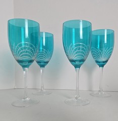 4 Pier 1 Pavo Teal Water Goblets Wine Glasses Aqua Blue Cut to Clear Turquoise