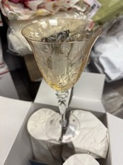 ROGASKA VENETIAN AMBER WINE GLASSES, Etched Lead Crystal 4 Pieces NEW IN BOX