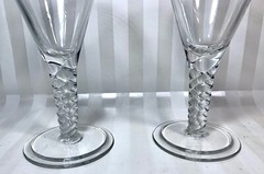 Set Of 2 Blown Glass Trumpet Shaped Water Goblets Braided Stems Two-Tiered Base