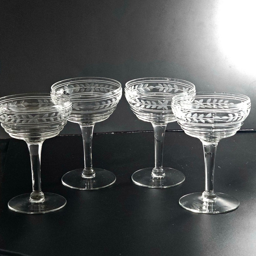 4 Imperial Glass Ohio Etched Champagne Coupe 5″ Art Deco vtg cocktail 5oz