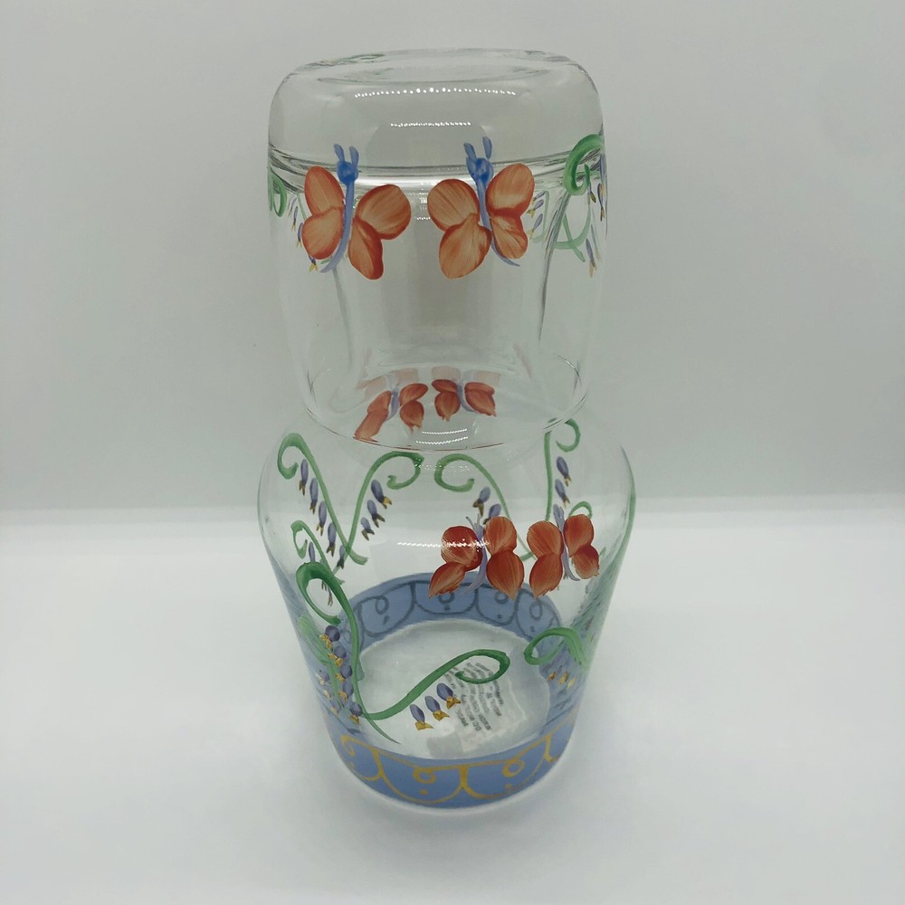 Tumble Up Italy Hand Painted Floral Butterflies Glass Bedside Carafe