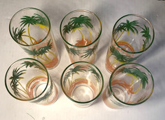 Set 6 Palm Tree Tropical Tiki Drink Glass Highball Vtg Tumblers Colorful 6″