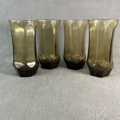 Set Of 4 Libbey Drinking Glasses Smoky Brown Clear Hexagon 5.5″ Tall Vintage