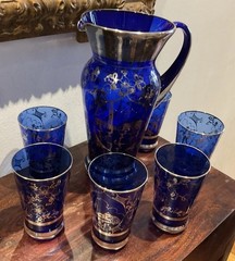 Gorgeous vintage Venetian or Murano-style cobalt blue lemonade/water set- Italy