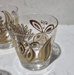 Mid-Century Modern lowball glasses With a gold and Brown Butterfly Leaf Pattern