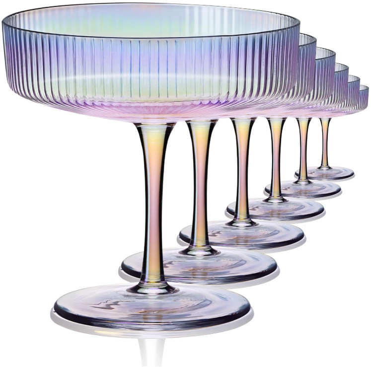 Copas martini iridiscentes 7 oz, set 6, diseño vintage acanalado elegante, Nuevo