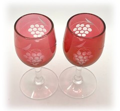 3 Vintage Cranberry Stain Etched Grape Cordial Glasses Holiday Barware