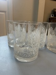 Vintage 4 AVON “THROUGH THE WOODS” Frosted Winter Scene Glasses Sleigh Ride