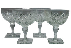 Thomas Webb Crystal Glass 4 Champagne Glasses Cut Star Fan Square Base Barware