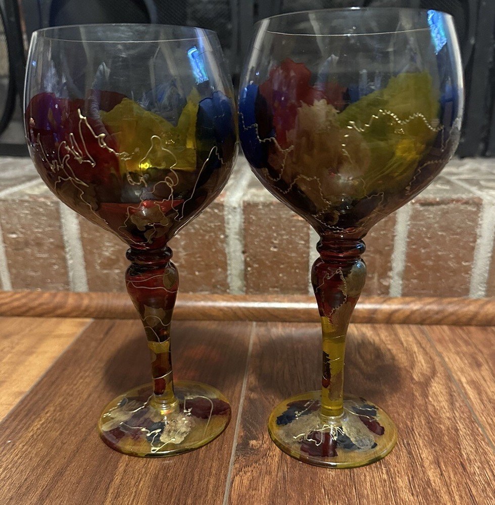 Set of 2 Wine Glasses ART Curtea Sticlarului Handblown Euroglass Romania HTF
