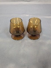 Set of 2 Small Pedestal Amber glass drinking glasses 3” Tall Brandy Sniffer