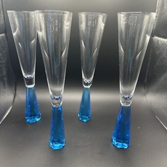 4-Artland Prescott Style Champagne / Wine Flutes Facetted Blue Base 10” Tall