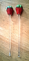 Strawberry Drinking Glasses w/ Acrylic Strawberry Topped Stirrers Set of 2