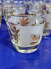 Set of 8 Libbey Golden Foliage Lowball Glasses Gold Rim Frosted 3” 1953-1978