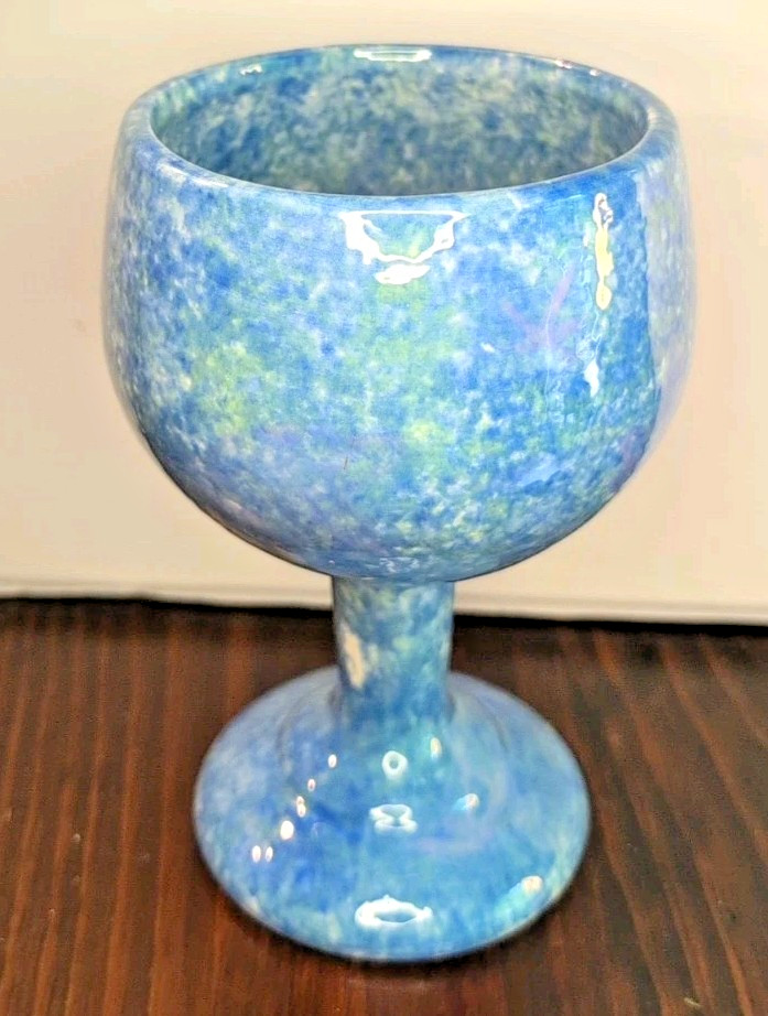 Blue,White, & Green Sponge Wine Goblet Chalice Helen Benton Pottery Signed 1999