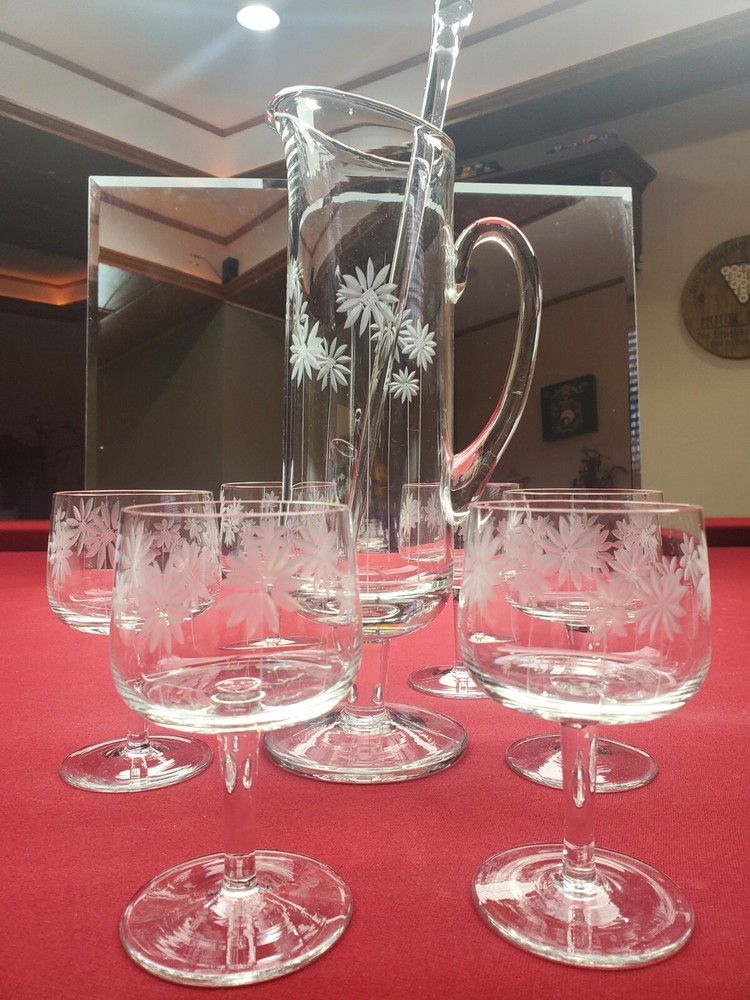 Vintage Etched Flower Pitcher w/Stirrer and 6 Glasses