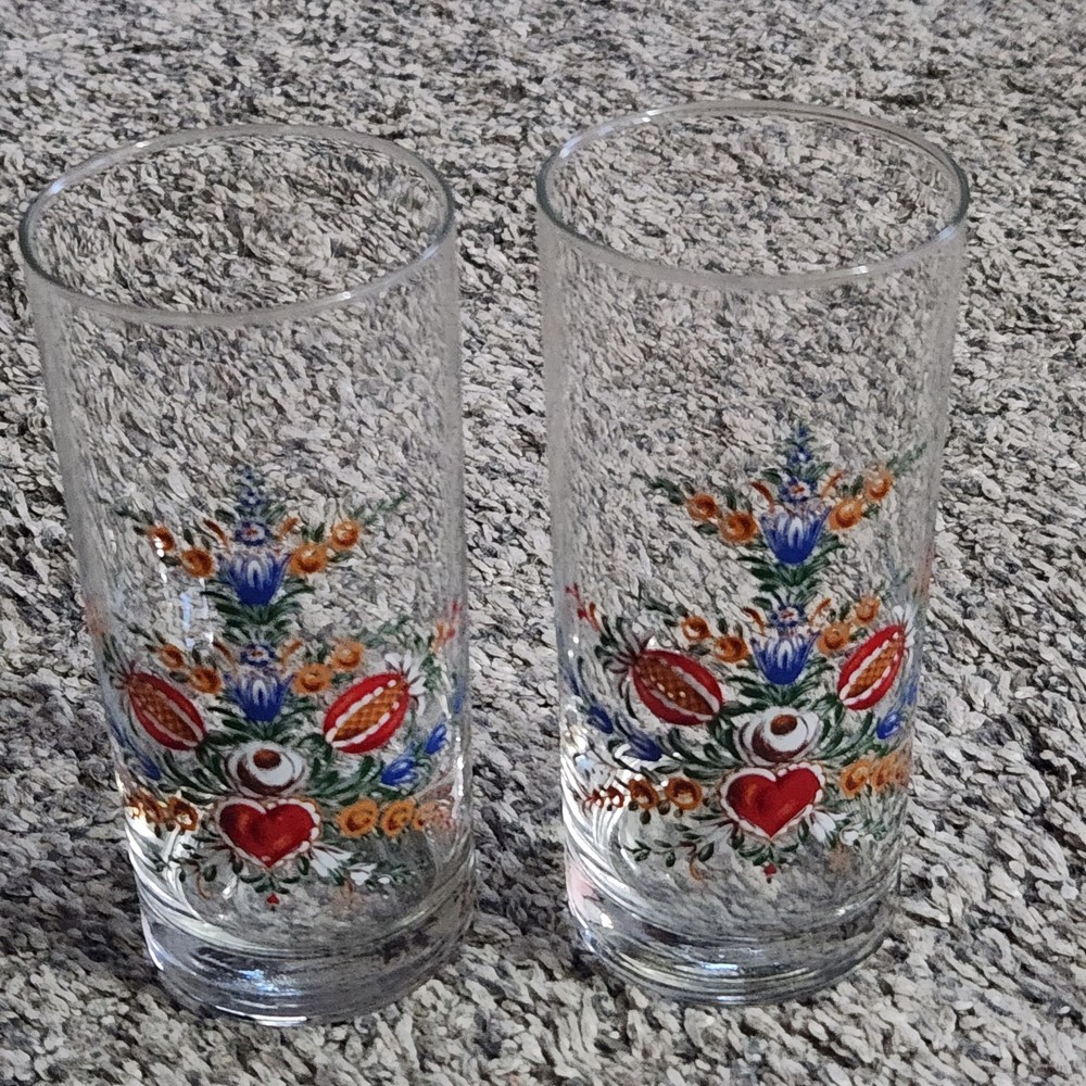 Set Of 2 Painted 5-1/4″ Glasses Floral Design Vintage Bavarian Or German Folk…
