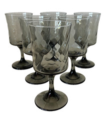 Set 6 Vintage Libbey Smoke Gray Optic Swirl Goblets Water Wine Glasses MCM EUC