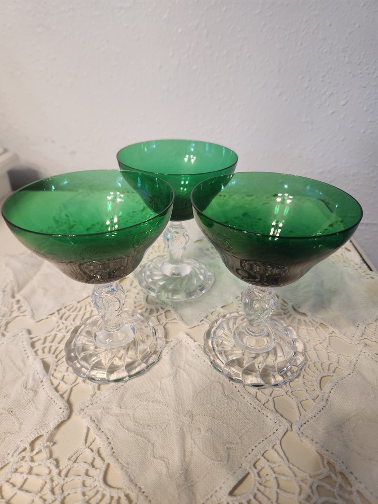 4 Fostoria Colonial Dame Emerald Green Champagne/Cocktail Glasses Barware