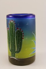 Southwest Cobalt Blown Glass Tumbler Hand Painted Desert Cactus Agave Sombrero
