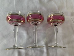 3 Vintage Gold Gilt Stemmed Cordial Aperitif Glasses Gold Bands Rose MCM