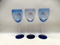 Set of 3 Light Blue Wine Glasses with Clear Spiral Stem and Cobalt Blue Base EUC