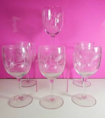 Lot of 6 ~ Cut Glass Foxtail Tiger Cat Tail Wheat Grass Vintage Wine Glasses EUC