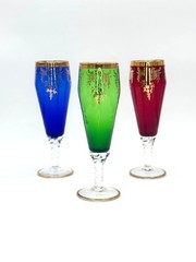 Vtg Bohemian Wine Flutes Ruby, Emerald & Sapphire w/Gold Trim Clear Stems 7″