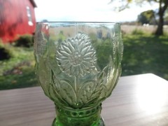 ANTHROPOLOGIE Helianthus Green Glass Water Goblet Floral Flower Glassware 5” H