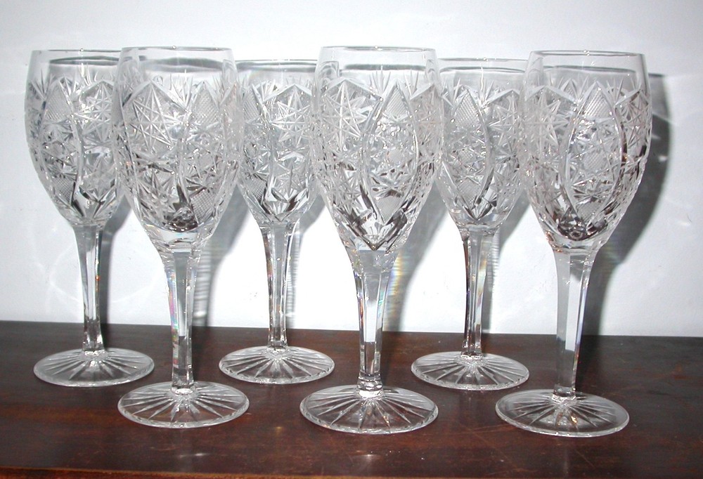 Vintage Deep Cut Star Pattern French Crystal Cordial or Wine Glasses Set Of 6