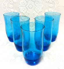 5 VTG Aqua Blue GLASS TUMBLERS 5 1/4″ Tall WEIGHTED BASE Retro MCM Artsy BOHO