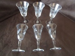 Vintage MCM Crystal Stemmed Fluted Set 6 Cordials Goblets etched Fern & berries