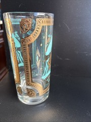 (4) Fred Press Signed Turquoise Trojan Horse Highball Gold Gilded Glasses MCM