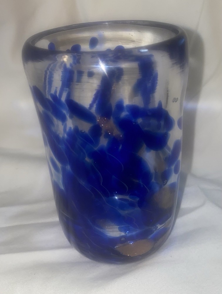 Hand Blown Glass Tumbler Clear With Blue Spots/ Gold Highlights 4 3/4”