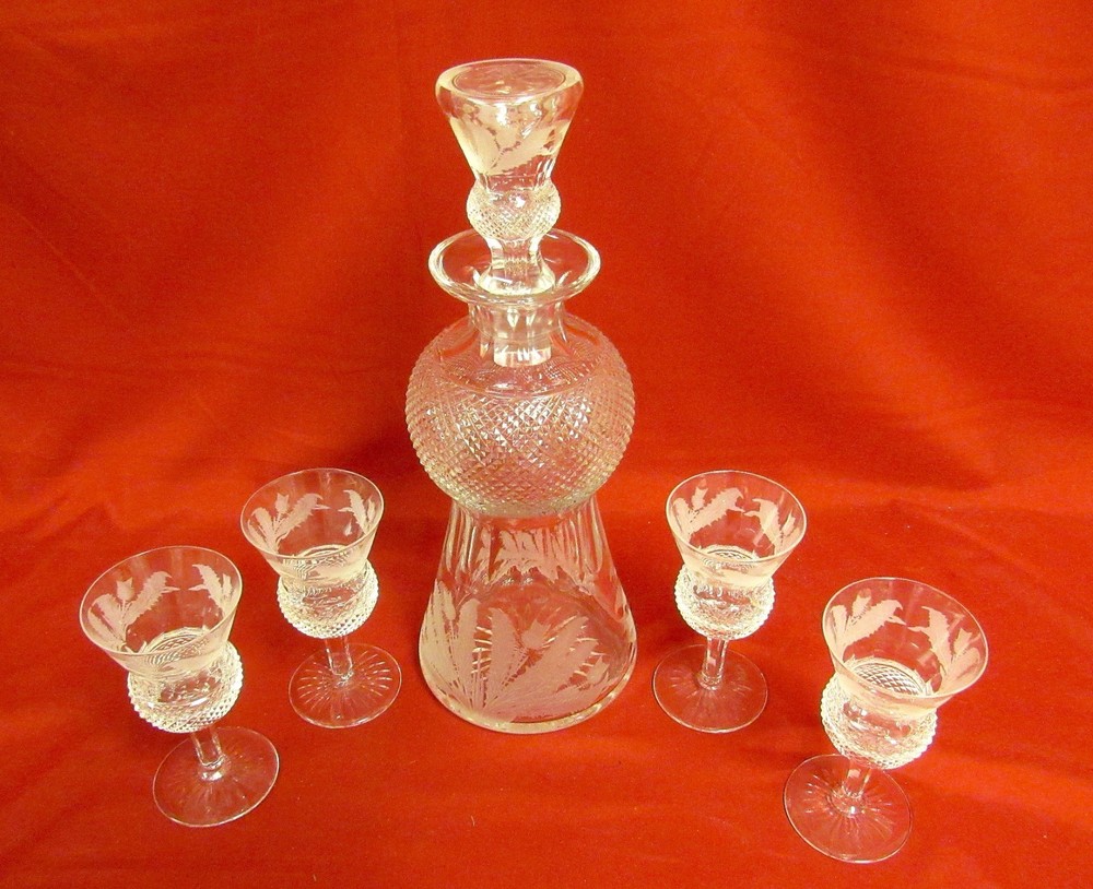 Edinburgh Crystal Scotland Cut Crystal Thistle Wine Decanter & 4 Glasses
